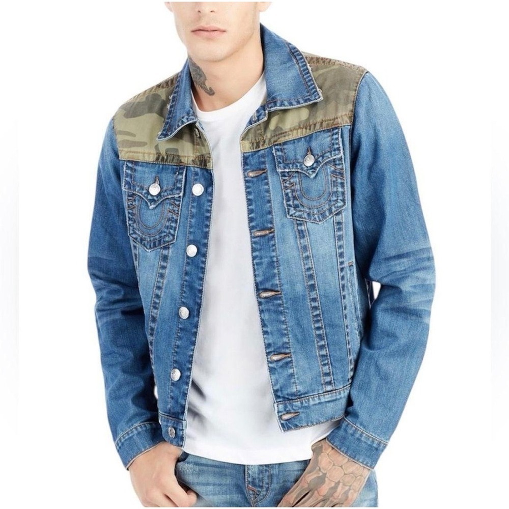 True Religion Mens Camo Yoke Denim Trucker Jacket Blue Medium Wash XL T3742